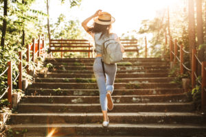 Walking up stairs in sunlight